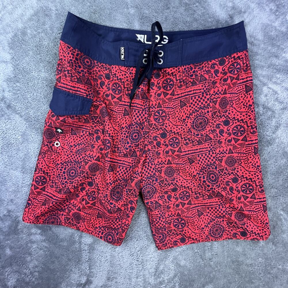LRG Boardshorts Mens Large Red Navy Tribal Print Swim Trunks Surf Style SA176010